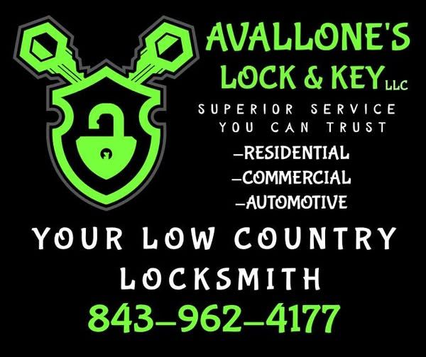Logo for Avallone's Lock & Key LLC, with green keys, shield, and contact info on black background.