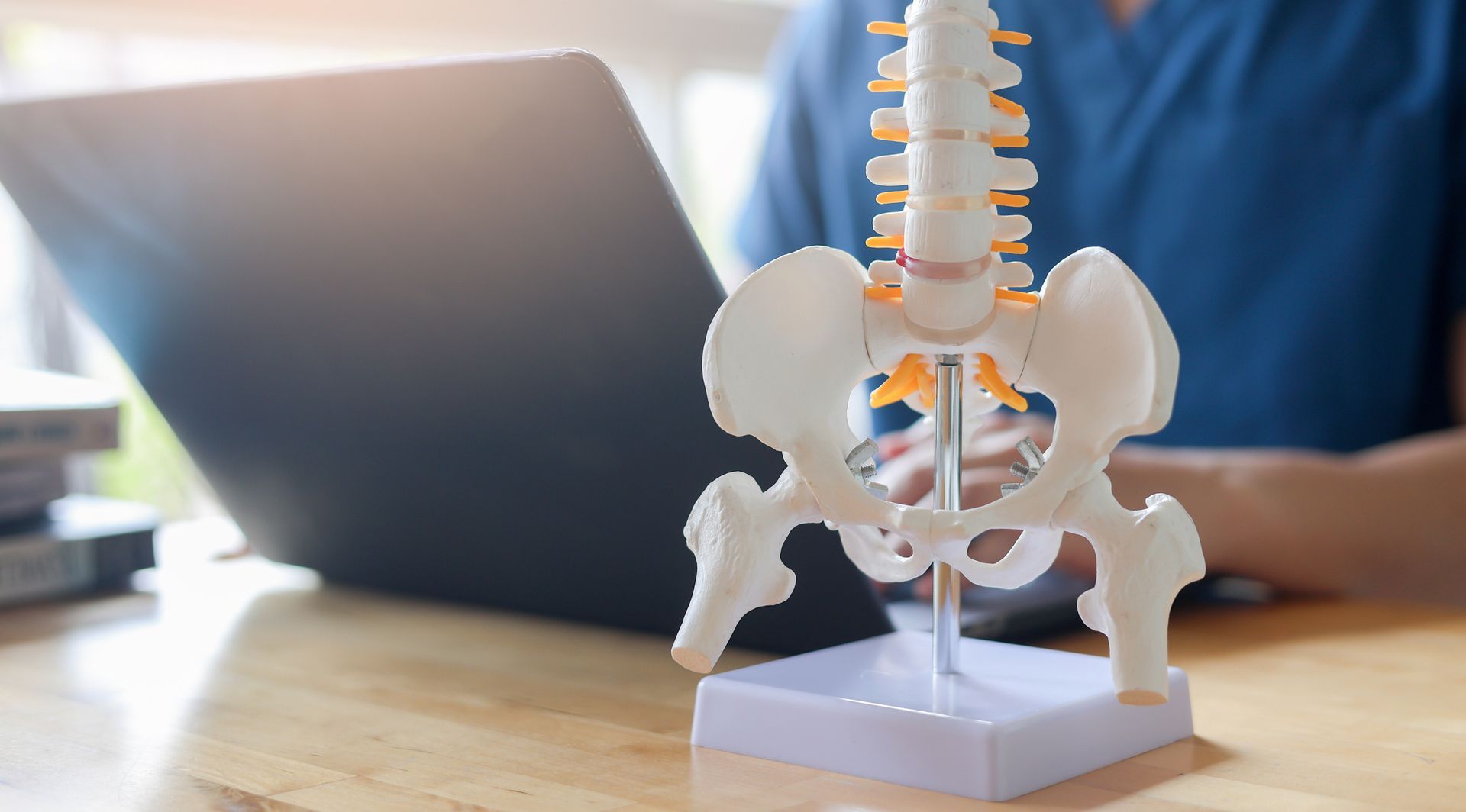 Chiropractor with a Bone Model in Front of Him — Camden, NSW — Vicki Patterson Chiropractic