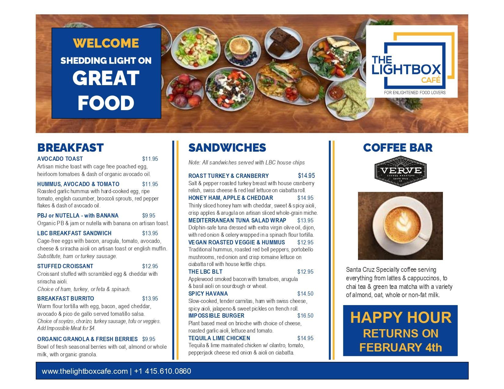 A menu for a restaurant called the lightbox cafe