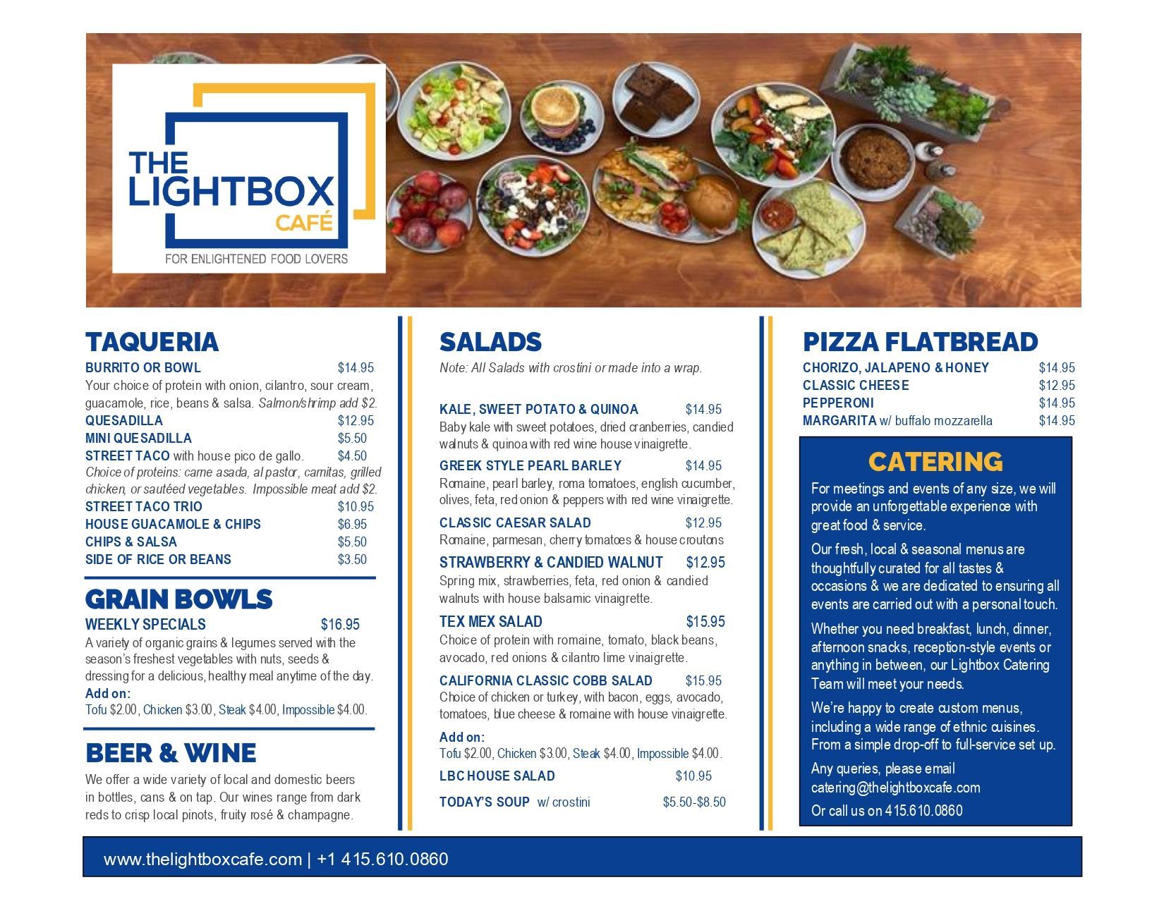 A menu for a restaurant called the lightbox
