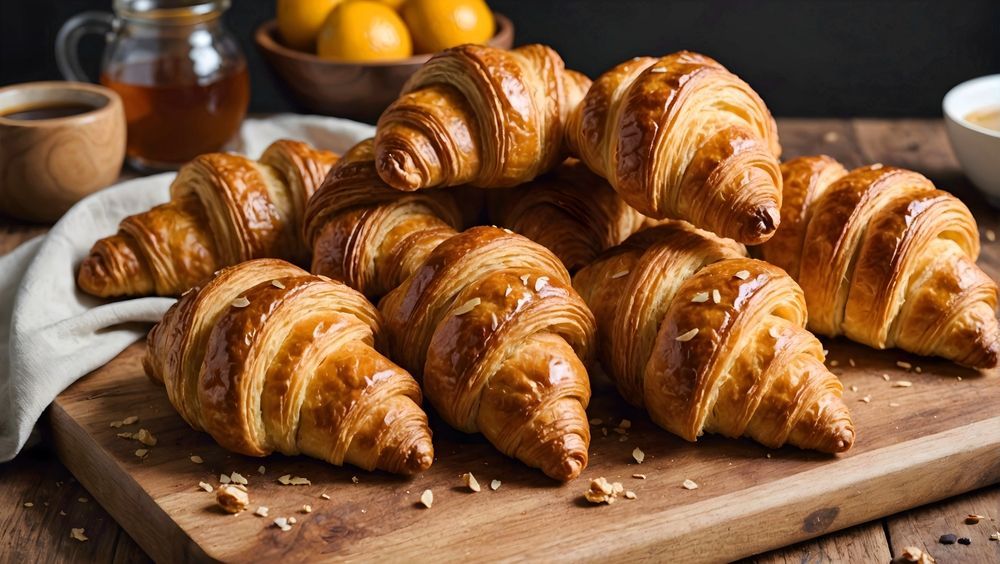 A pile of croissants sitting on top of a wooden cutting board.