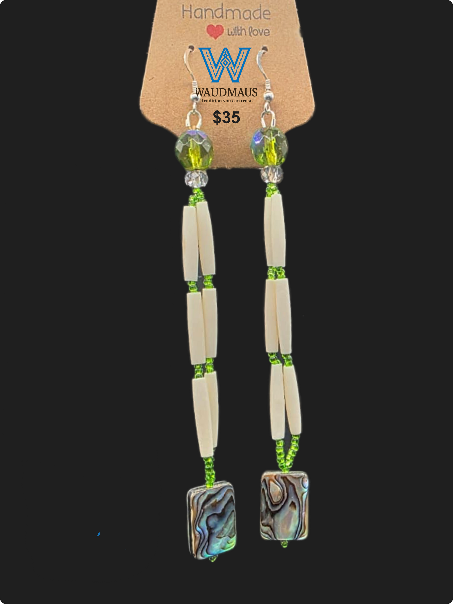 Long handmade earrings with abalone squares, off-white, green beads, and silver hooks.