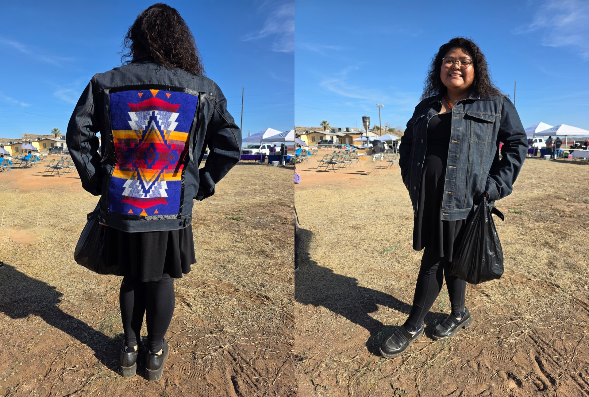 Woman in denim jacket with colorful back patch, black dress, outdoors.