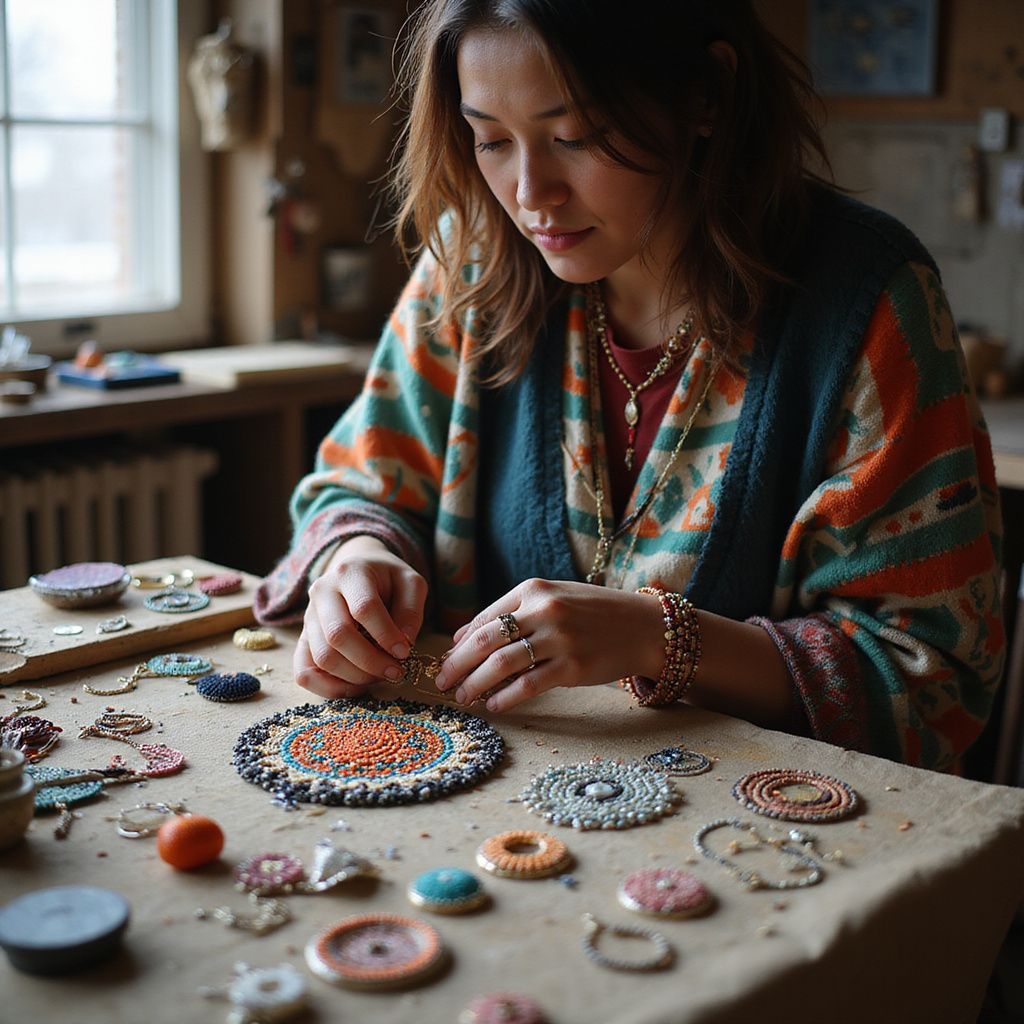 Woman crafting jewelry at a table with various beads and designs. She wears a patterned sweater, concentrating on her work.