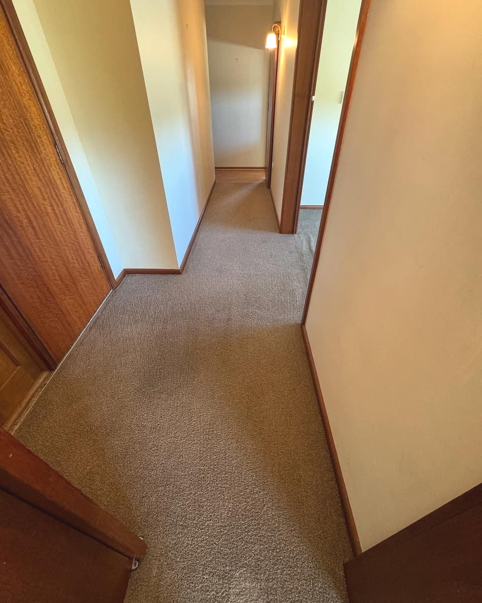 A Hallway With Beige Carpeting and Wooden Door Frames Leading Toward a Bright Room — Cobra's Carpet Cleaning in Temora, NSW