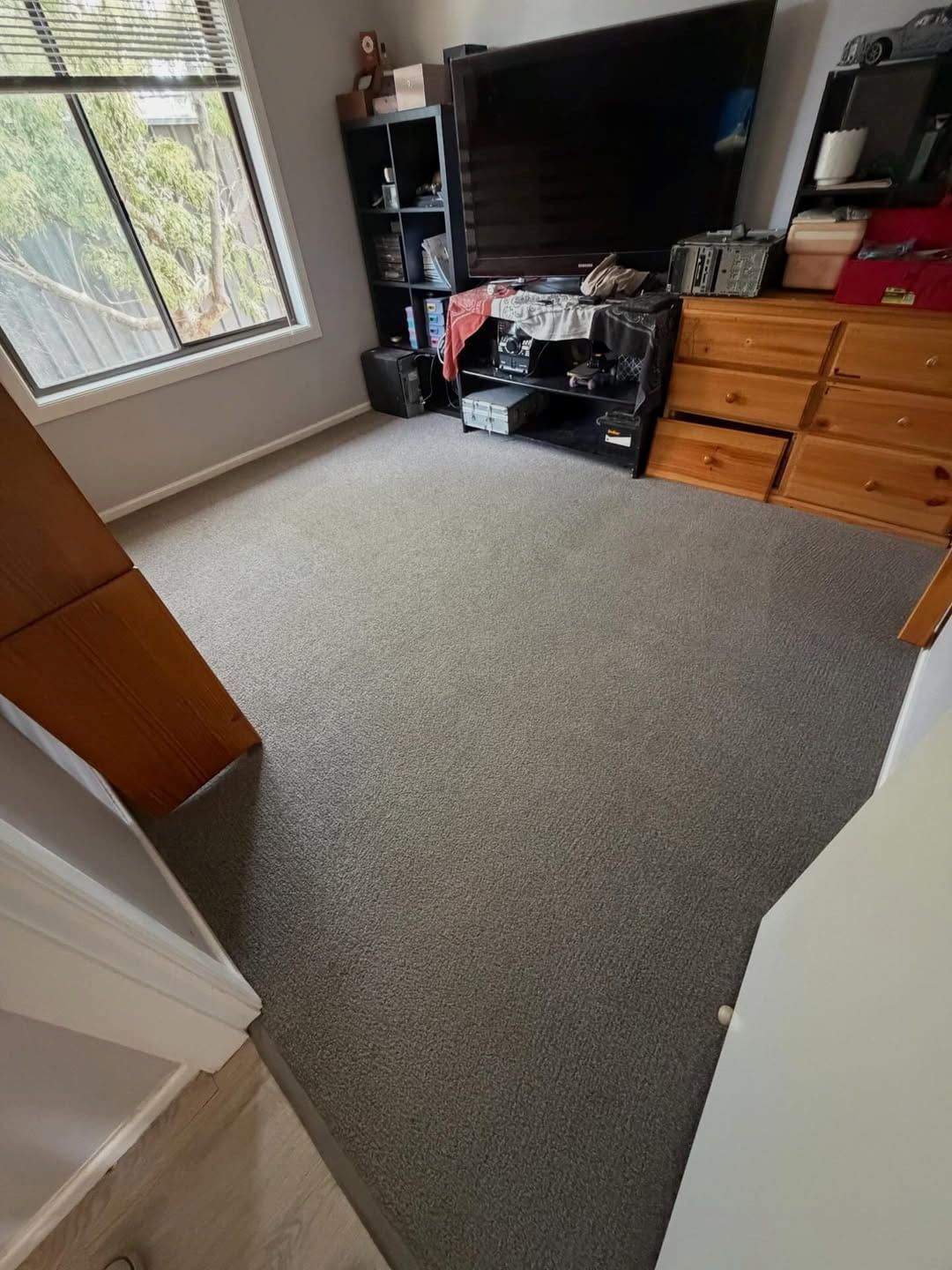 A Bedroom With Grey Carpet, a Large Television on a Black Metal Stand — Cobra's Carpet Cleaning in Junee, NSW