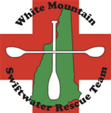 Logo for White Mountain Swiftwater Rescue Team: Paddle over New Hampshire outline, on a red cross.