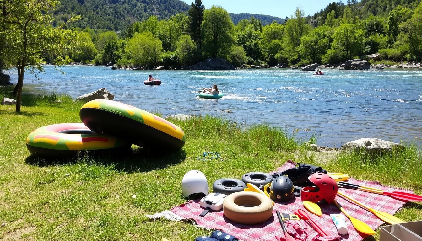 saco river and 2 tubes with a blanket on the grass