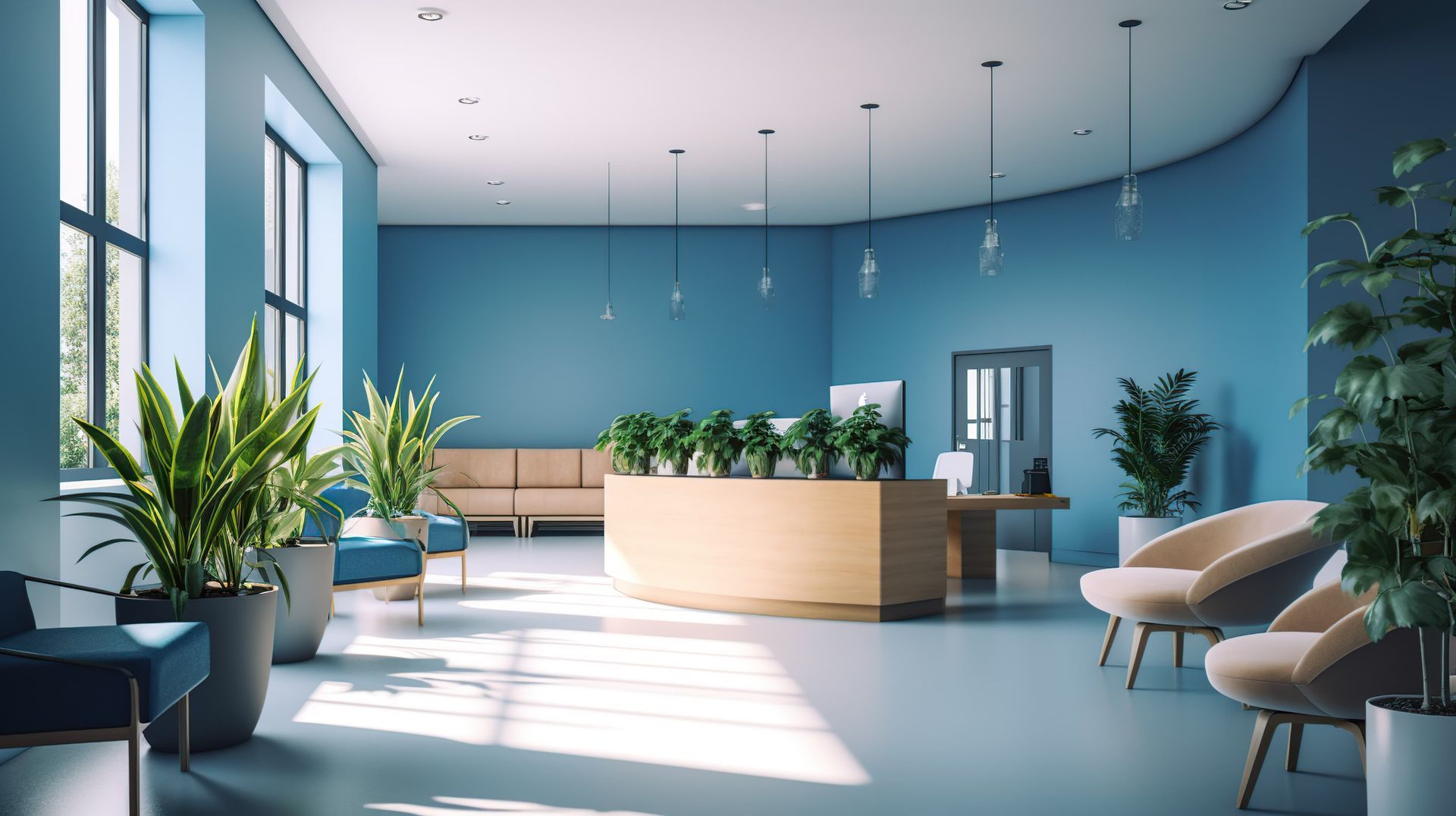 A waiting room with blue walls, chairs, and plants.