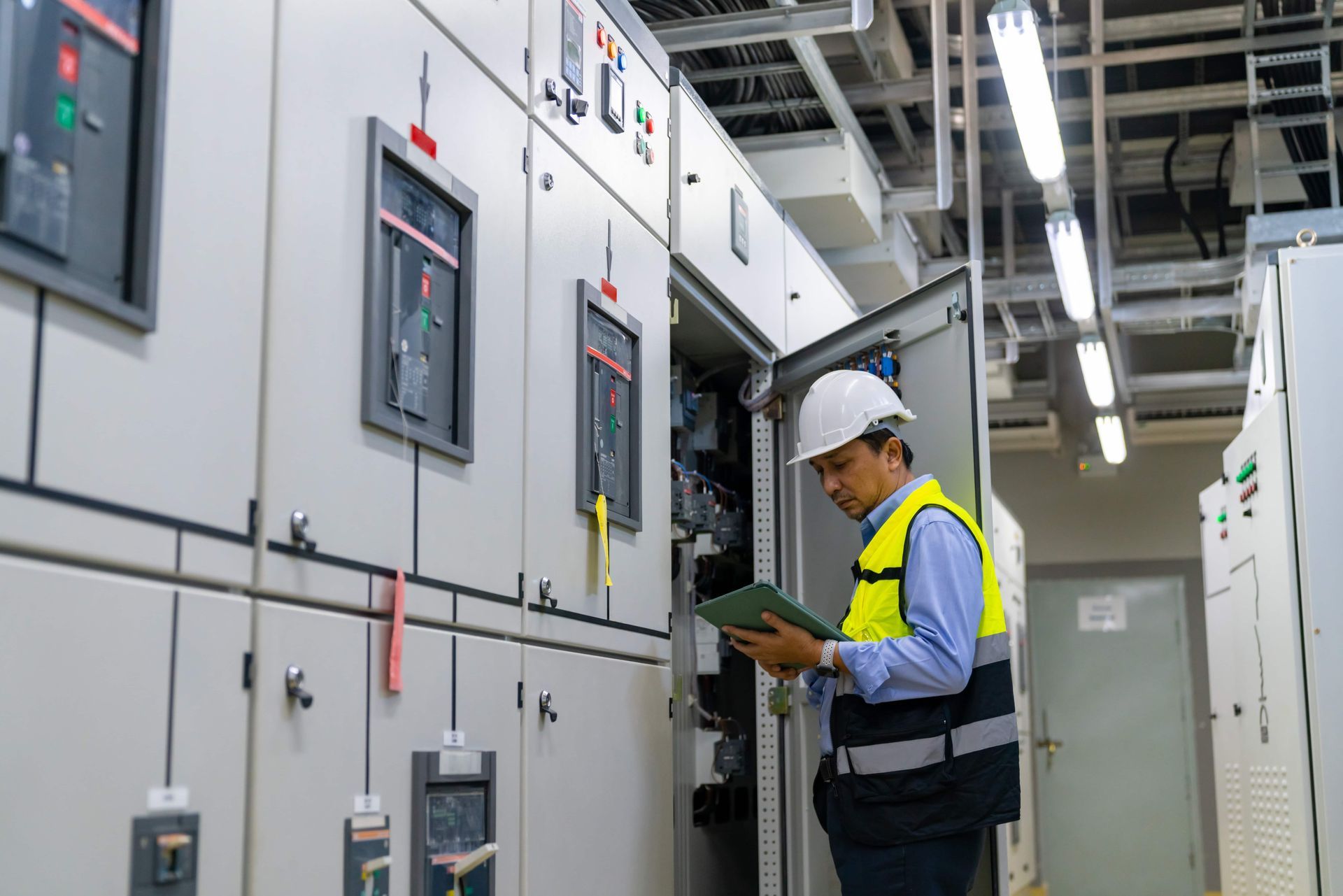 Professional Asian male engineer in safety uniform working at factory server electric control panel room.