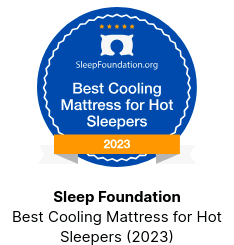 A blue badge that says sleep foundation best cooling mattress for hot sleepers