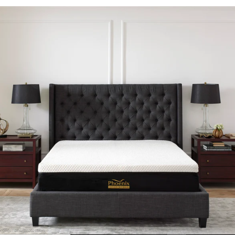 Black bed with a tufted headboard, flanked by nightstands and lamps, in a bedroom.