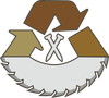Recycling symbol with wood-toned arrows, nails, and saw blade, promoting wood recycling.