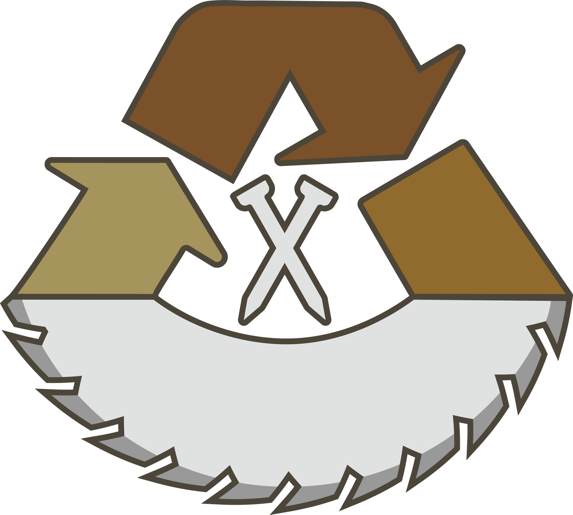 Recycling symbol with wood-colored arrows, nails, and a saw blade, symbolizing wood recycling.
