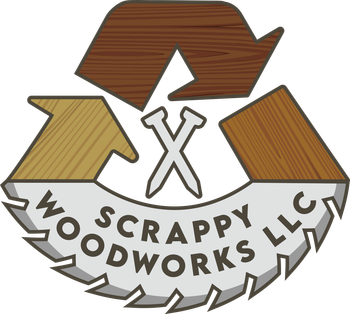 Logo: brown and gold wood recycle symbol with nails and saw blade; 