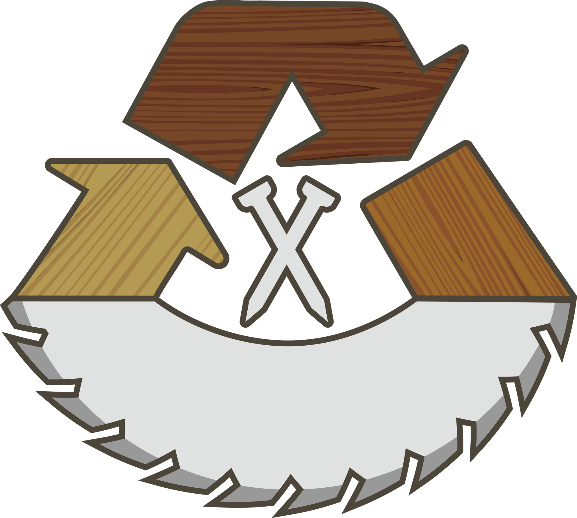 Recycling symbol with wooden arrows, nails, and a saw blade, representing wood recycling.