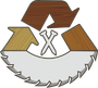 Recycling symbol made of wood pieces, saw blade, and nails, representing wood recycling.