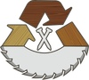 Recycling symbol with wooden arrows, nails, and a saw blade, representing wood recycling.