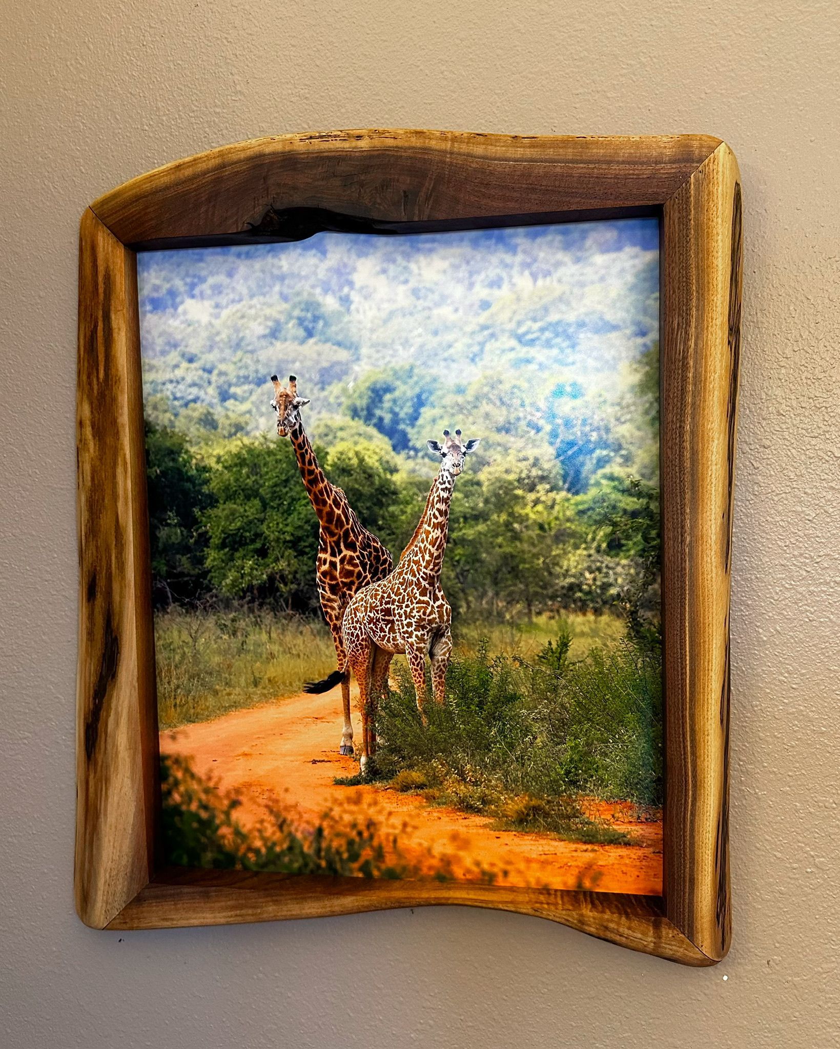 Two giraffes on a dirt path in a forest, framed in rustic wood.
