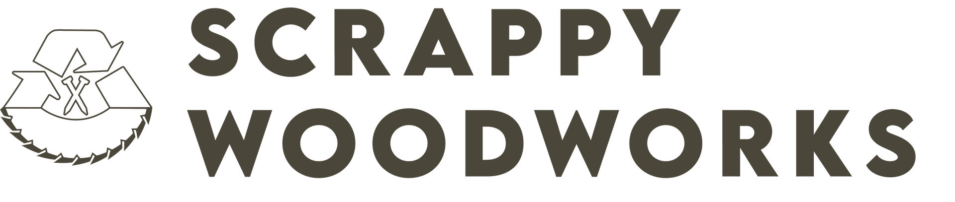 Logo for Scrappy Woodworks, featuring text and a recycling symbol made of wood.