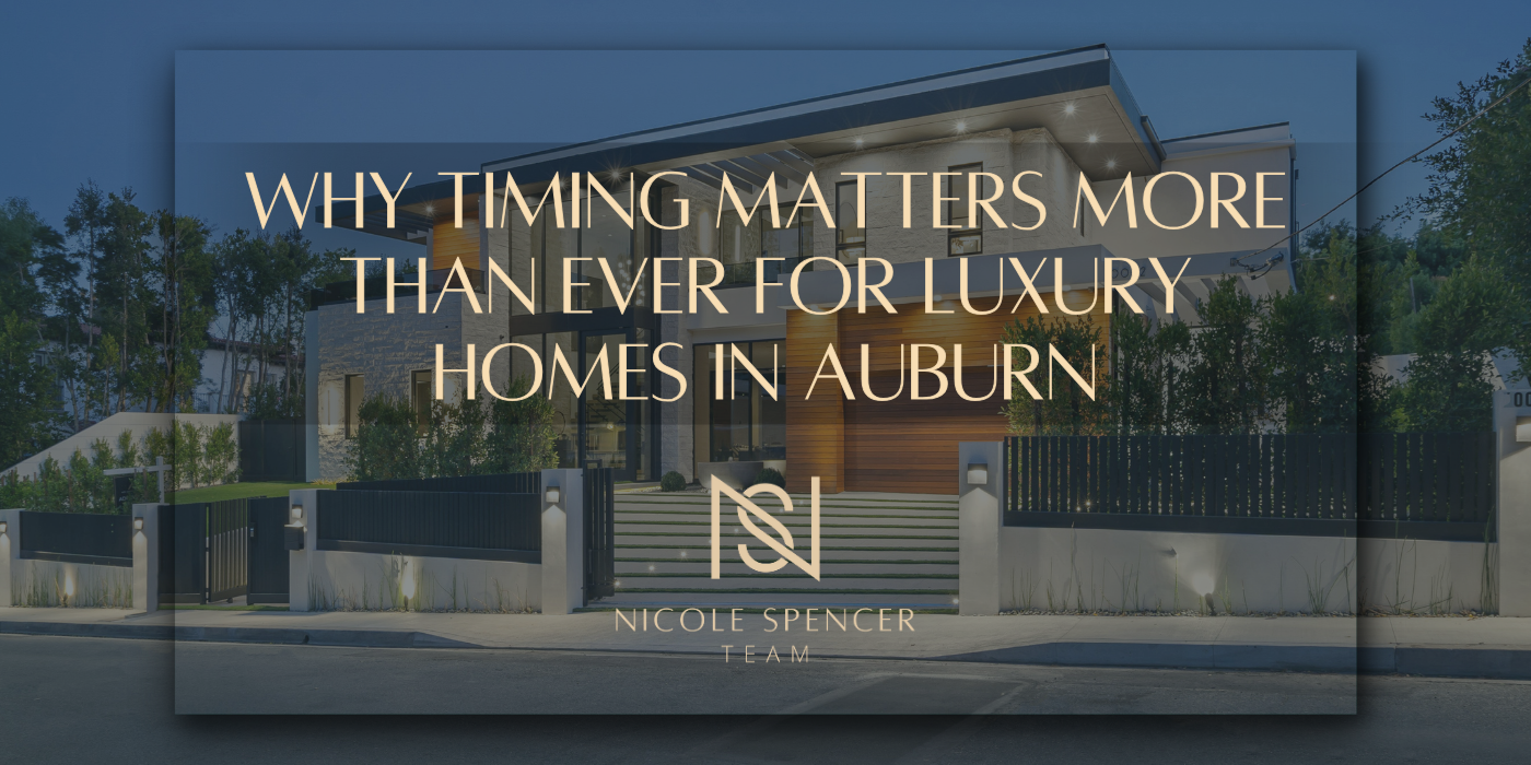 Modern luxury home in Auburn. Text overlay: 