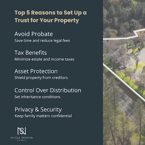 Infographic of 5 reasons to set up a trust for property: avoid probate, tax benefits, asset protection, control, and privacy.