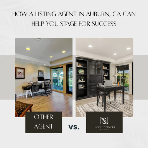 Side-by-side home office photos showing the same space listed by a prior Realtor vs. a professionally staged room, prepared by Nicole Spencer and shot by her expert photographer.