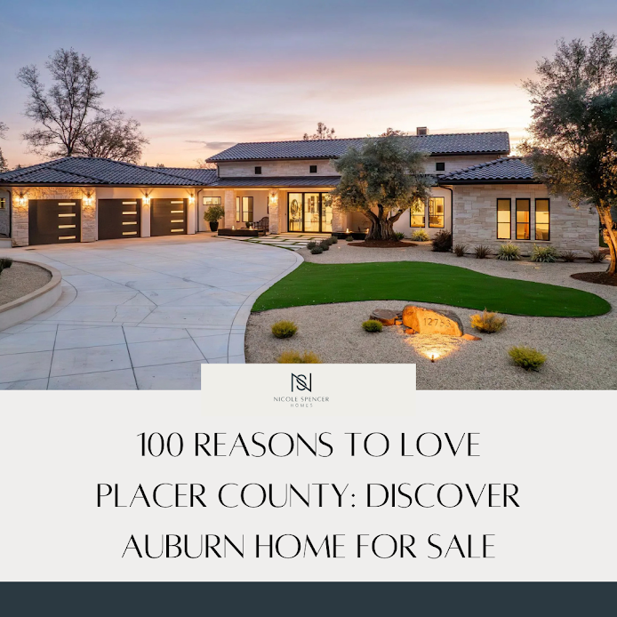 Luxury home at sunset in Placer County with modern design, well-lit exterior, and text promoting Auburn homes for sale.