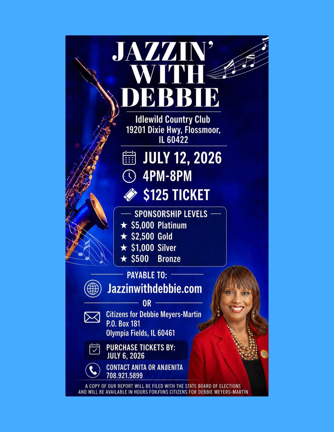 Jazz concert flyer for “Jazzin’ with Debbie,” July 12, 2026, 4 PM, $125 ticket, with host portrait.
