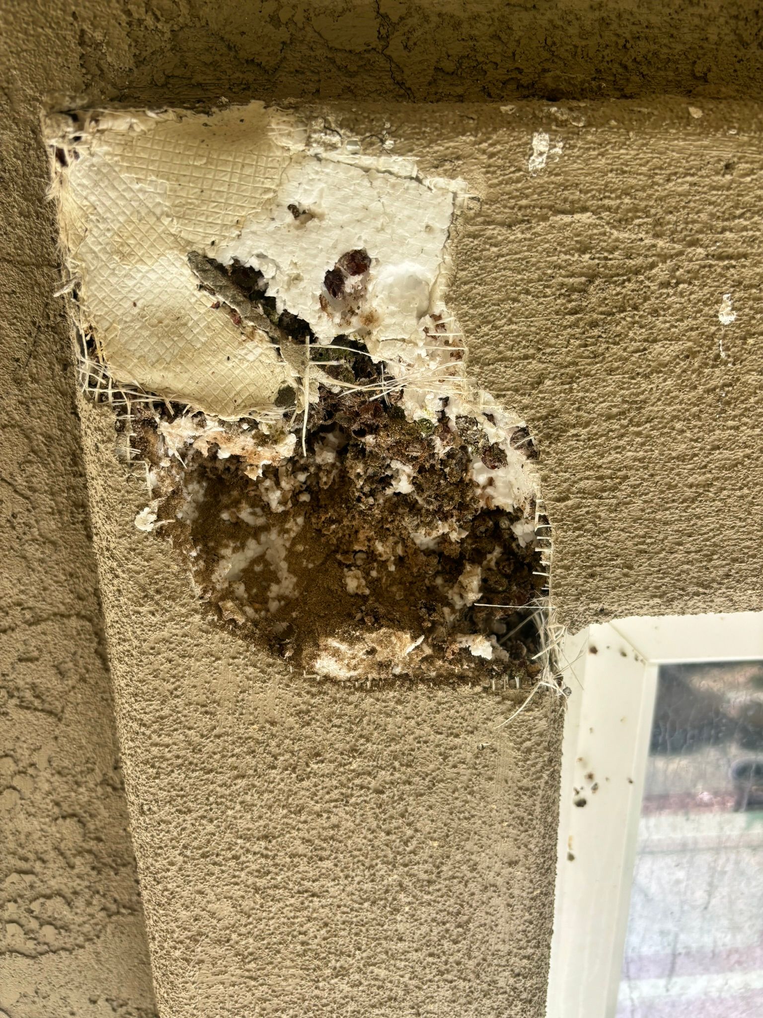 A close up of a piece of carpet on a wall next to a mirror.