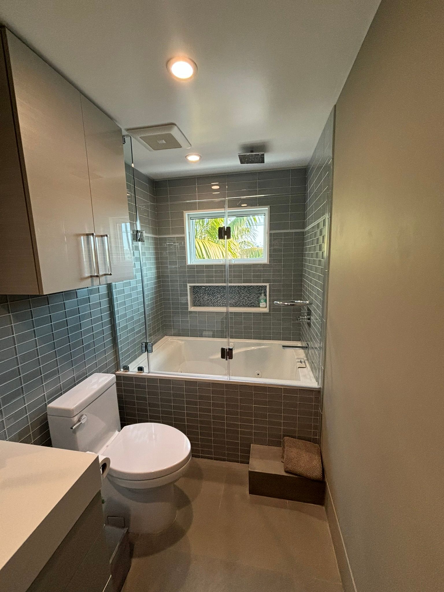 A bathroom with a toilet , tub and shower.