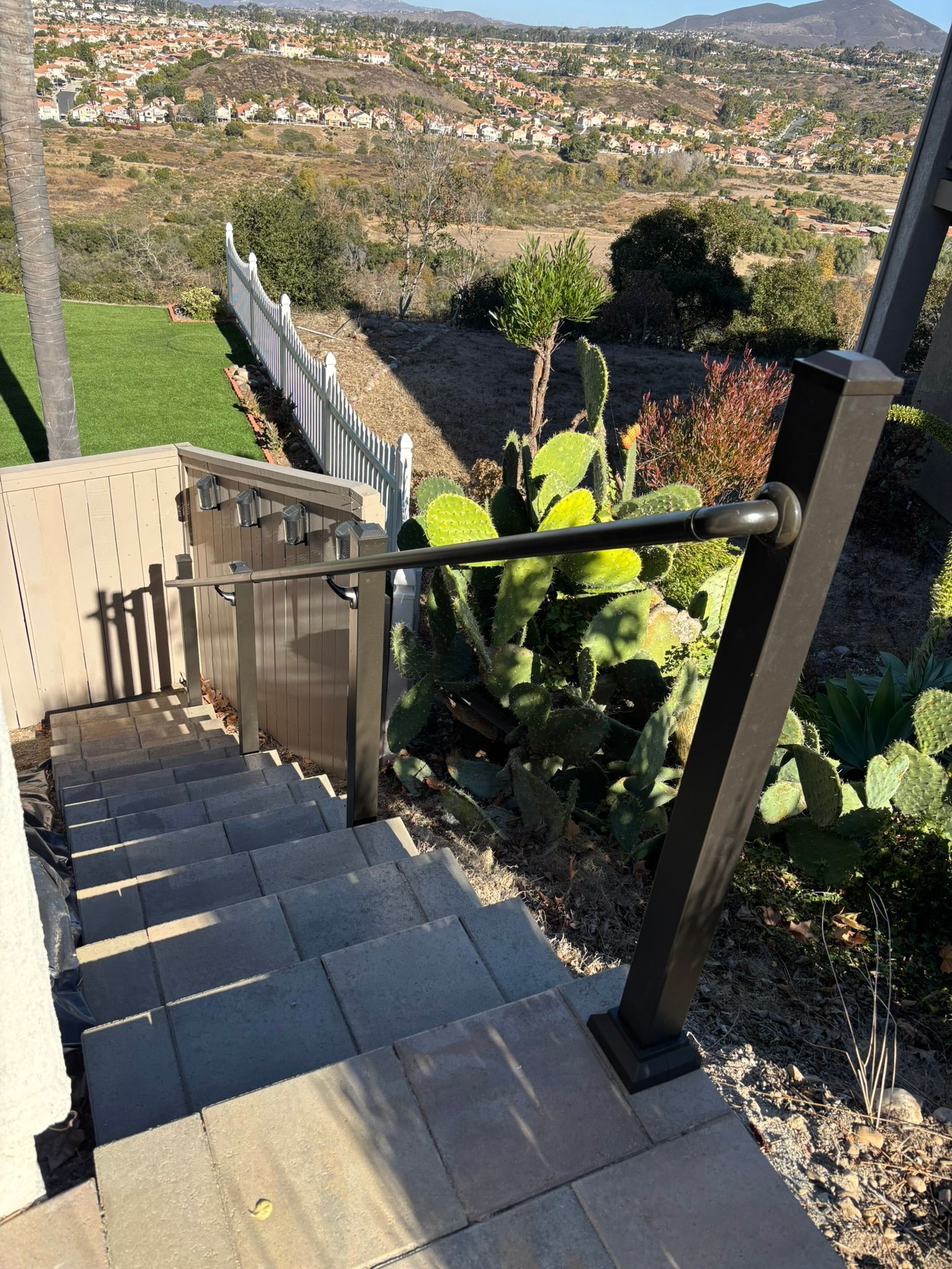 Stairs leading down with metal railing, prickly pear cactus, and hillside view.