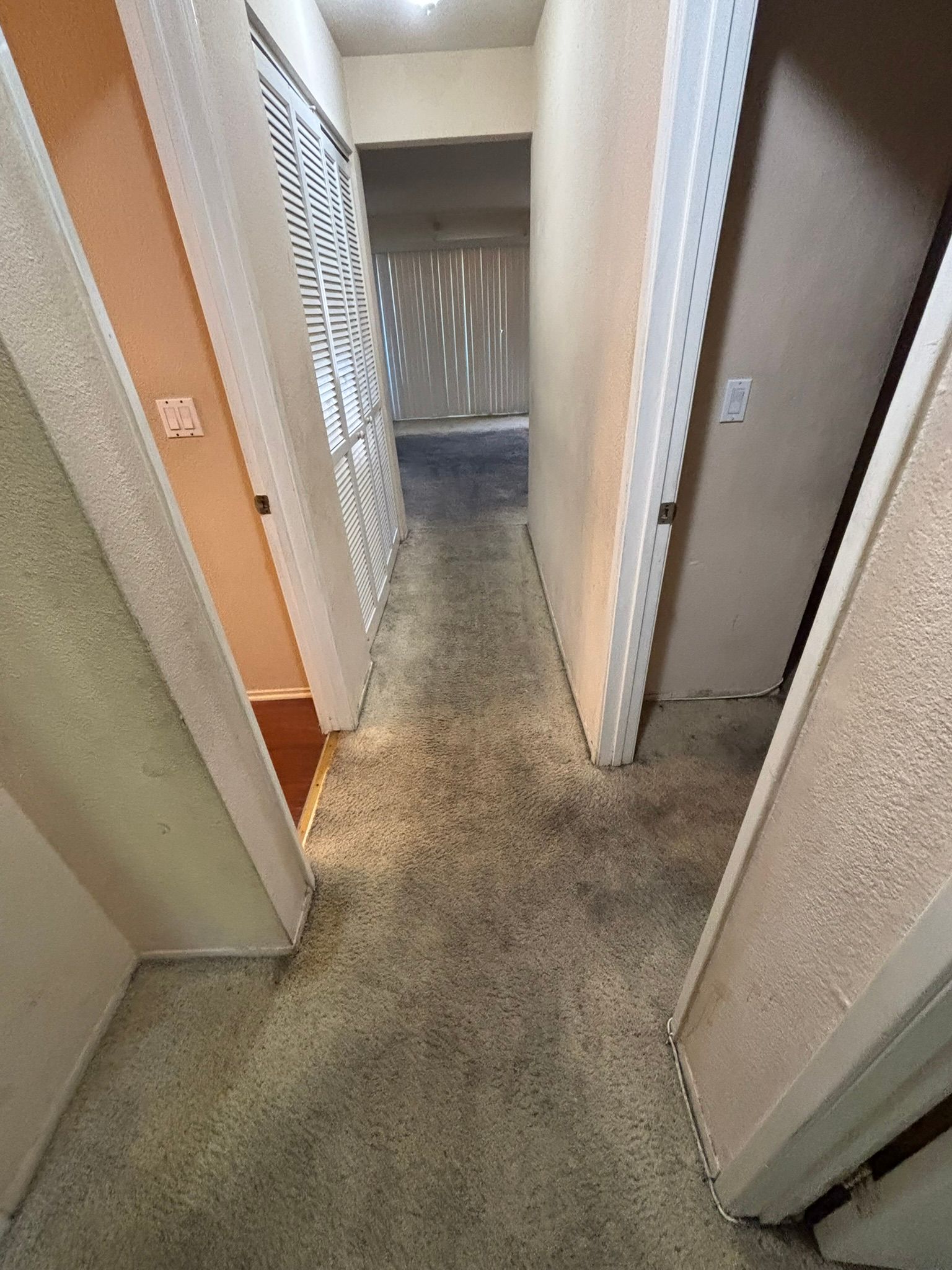 A hallway in a house with a carpeted floor and a closet.