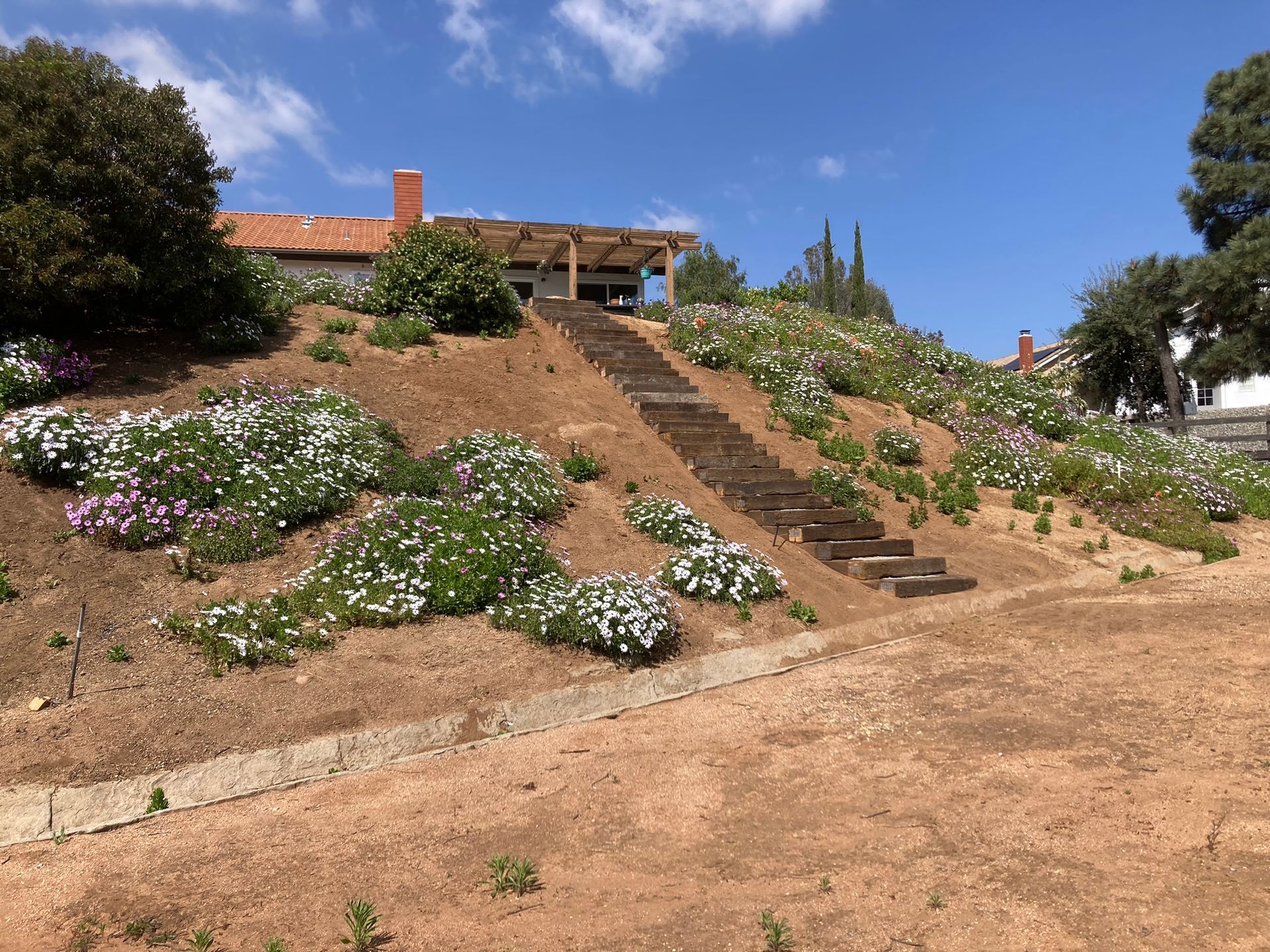 A house sits on top of a hill surrounded by flowers and stairs