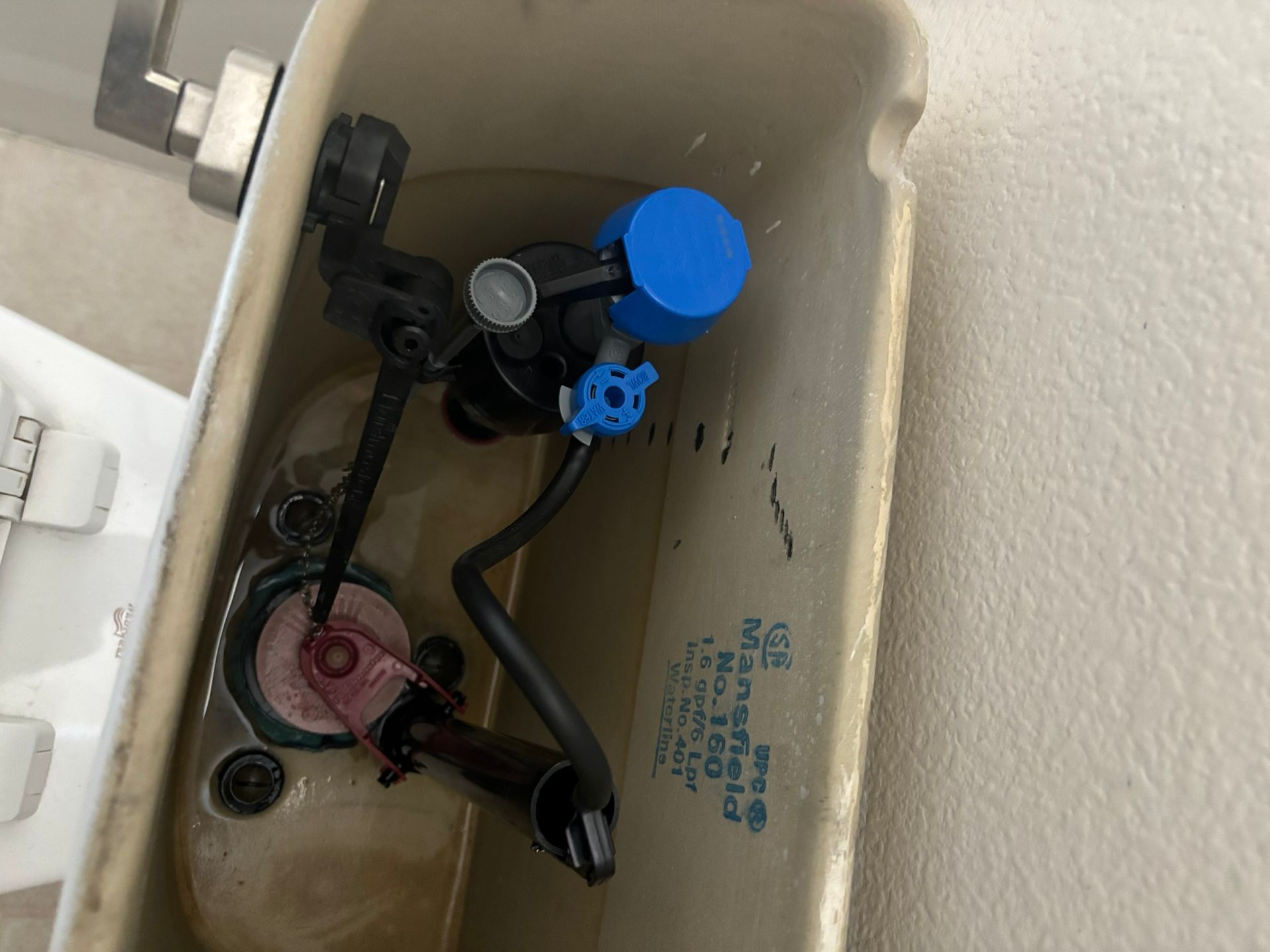 The inside of a toilet tank with a blue cap on it.