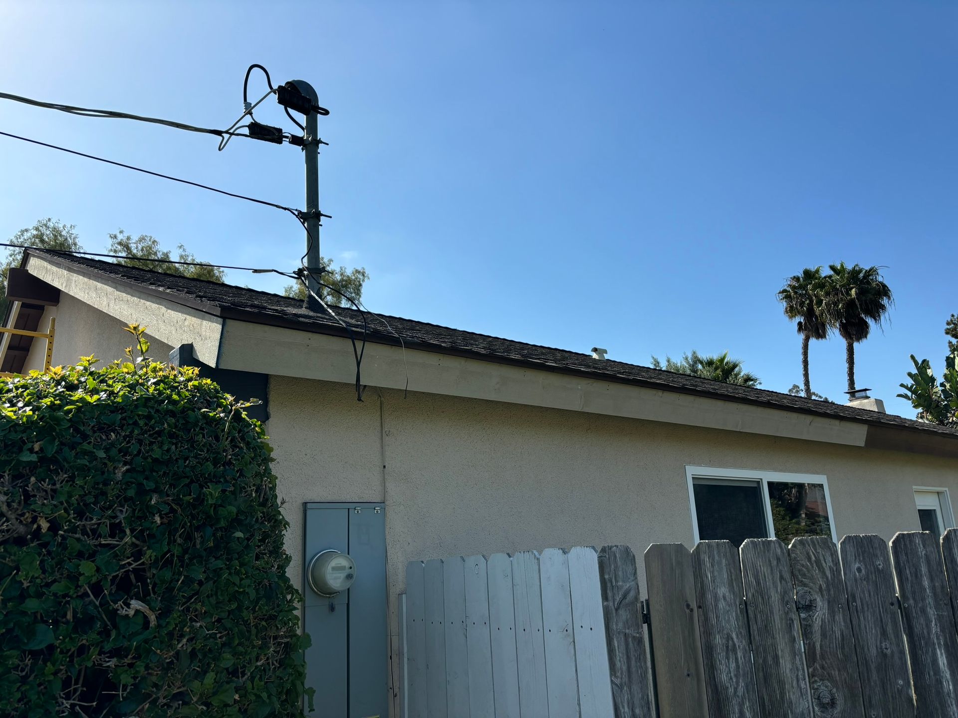 A house with a fence and palm trees in the background