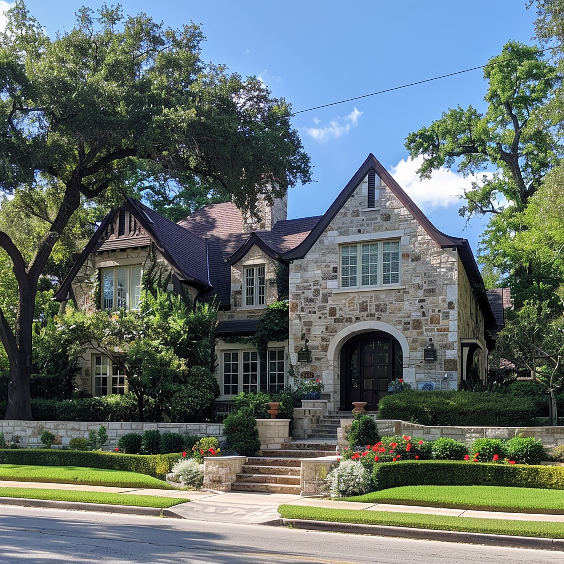 A large stone house sits on the corner of a street