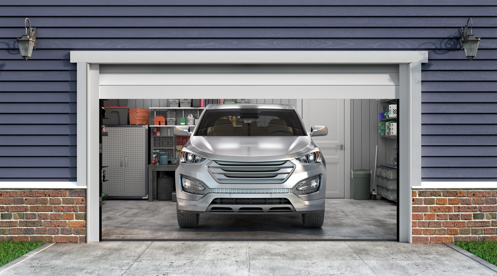 A car is parked in a garage with the door open.
