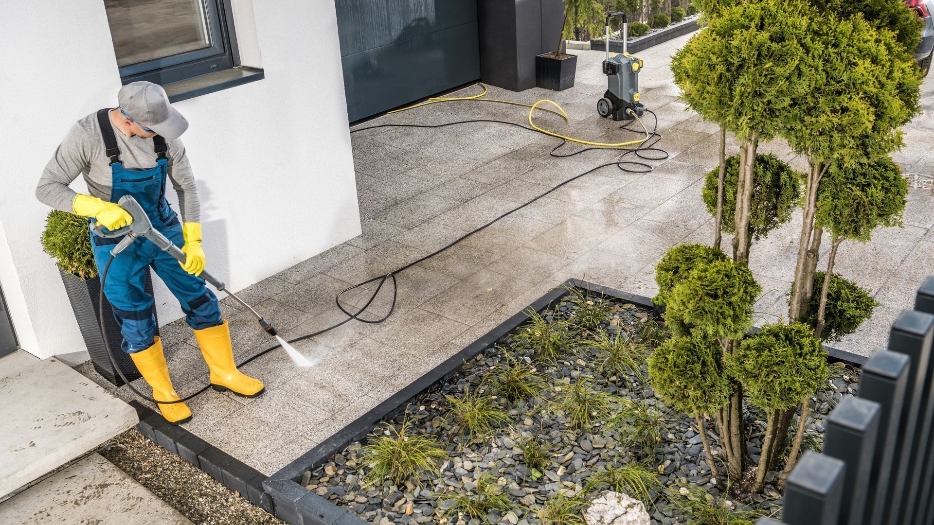 A man is cleaning a driveway with a high pressure washer.