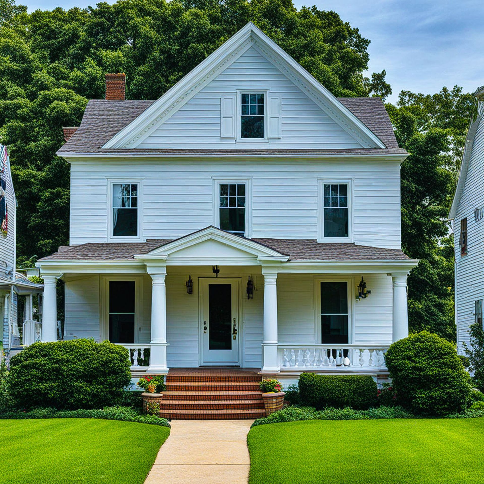 A white house with a brick walkway leading to it