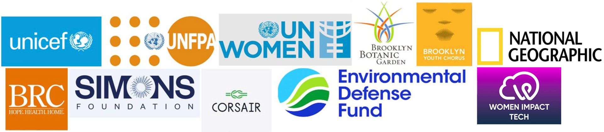 Client logos of UNICEF, UNFPA, UN Women, Brooklyn Botanic Garden, Brooklyn Youth Chorus, BRC, Simons Foundation, Corsair, Environmental Defense Fund