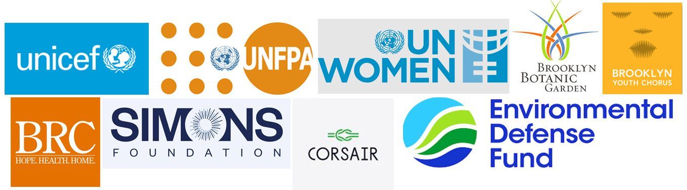 Client logos of UNICEF, UNFPA, UN Women, Brooklyn Botanic Garden, Brooklyn Youth Chorus, BRC, Simons Foundation, Corsair, Environmental Defense Fund