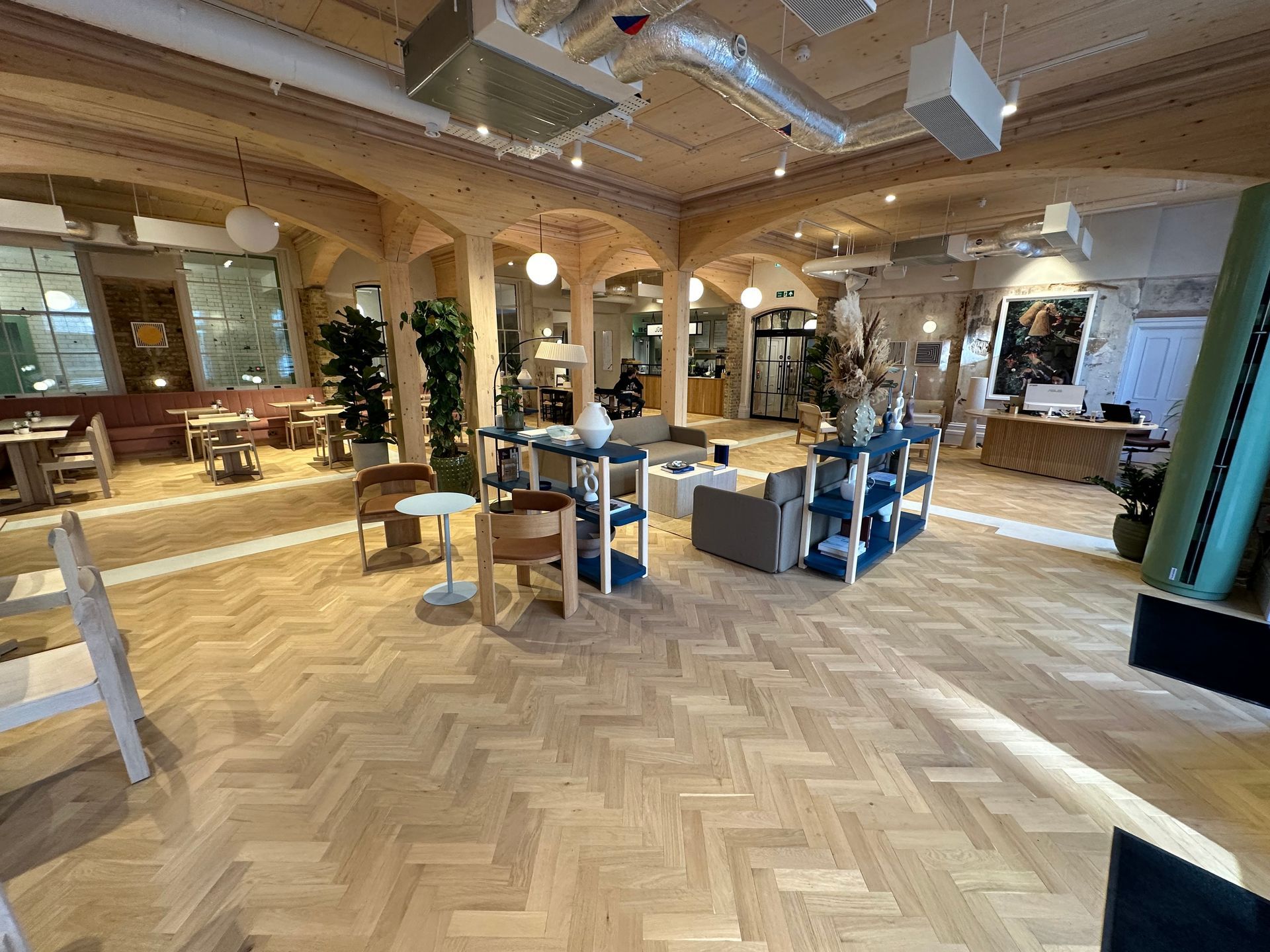 parquet floor with high ceilings 