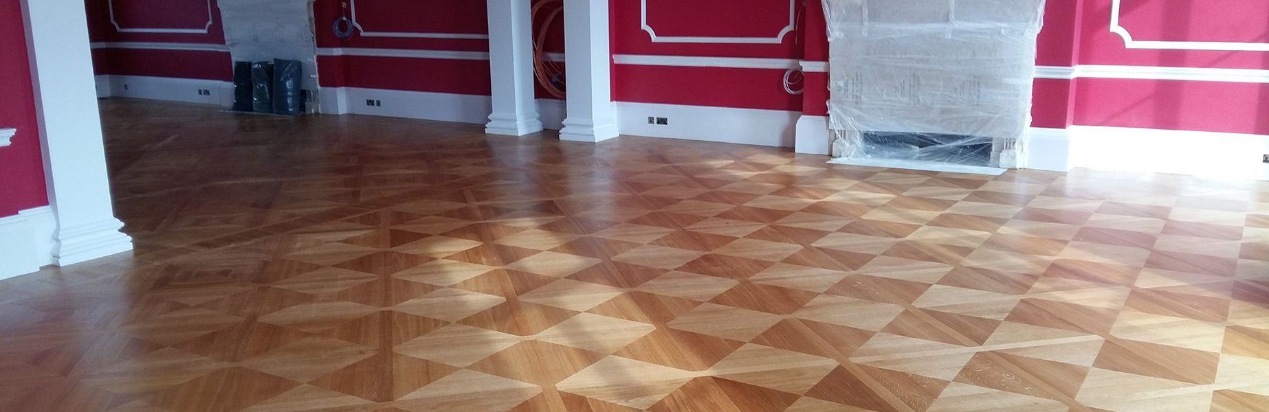 Close up Shot of chequered Prime Grade Panelled Oak Flooring in Main Hall of German Embassy