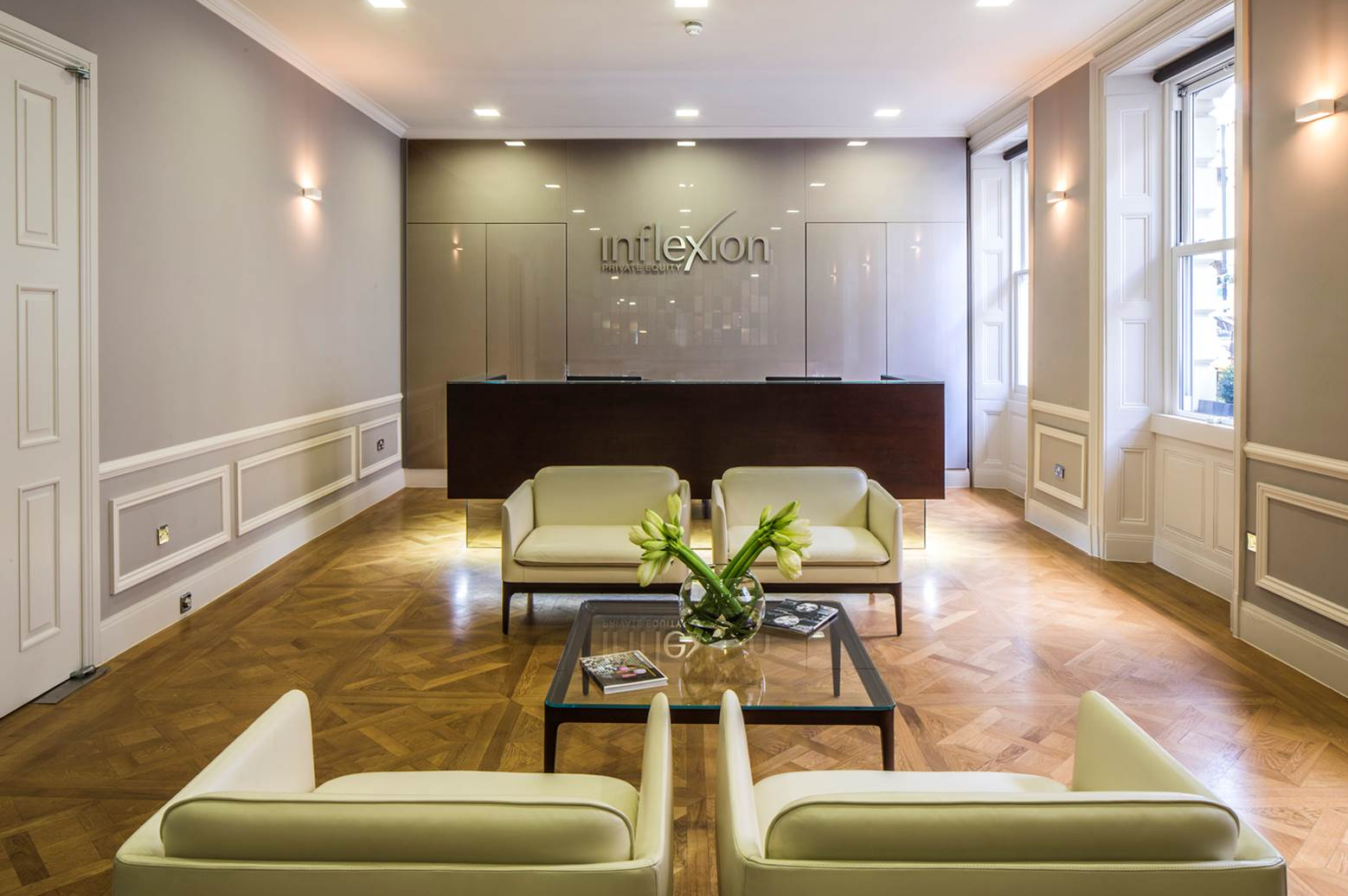 Inflexion reception with Prime Grade Oak Parquet Flooring