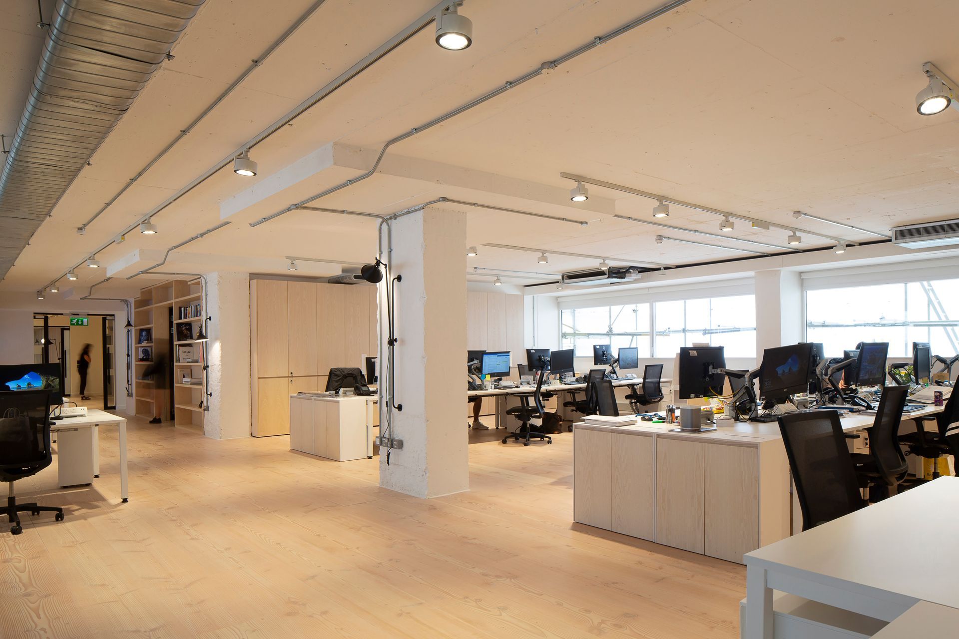 Coloured Stain & Clear Oiled flooring in offices of IMG Models