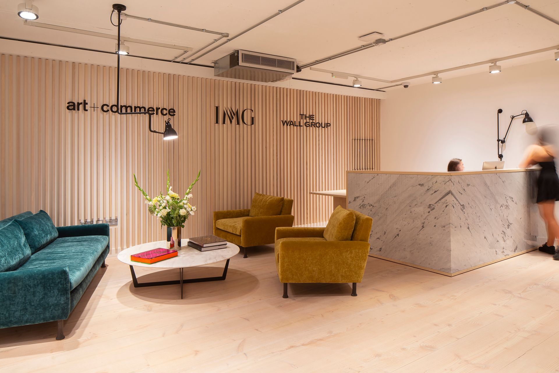 Reception area at IMG Models fitted with Coloured Stain & Clear Oiled flooring