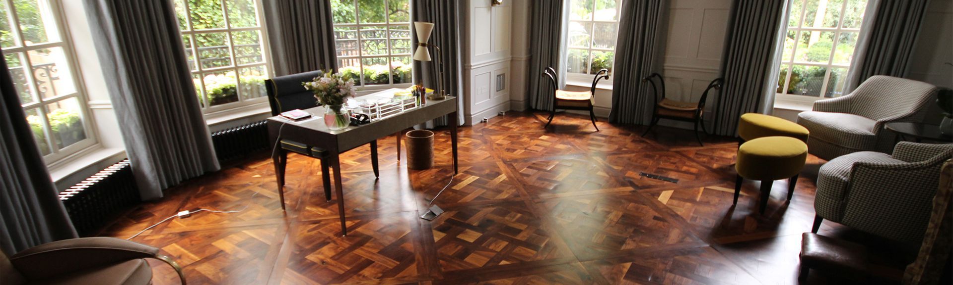 Office space with glossy finished flooring