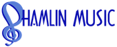 A blue logo featuring a stylized treble clef forming the letter "S" followed by the text "HAMLIN MUSIC."