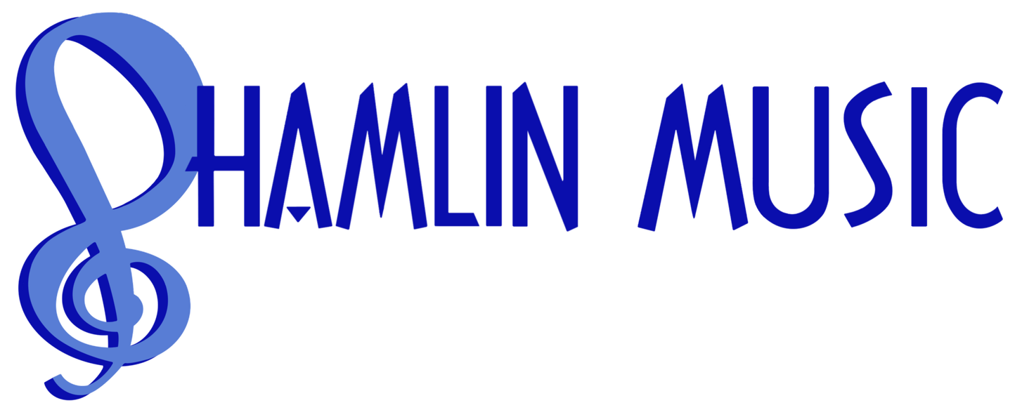 A blue logo featuring a stylized treble clef forming the letter "S" followed by the text "HAMLIN MUSIC."